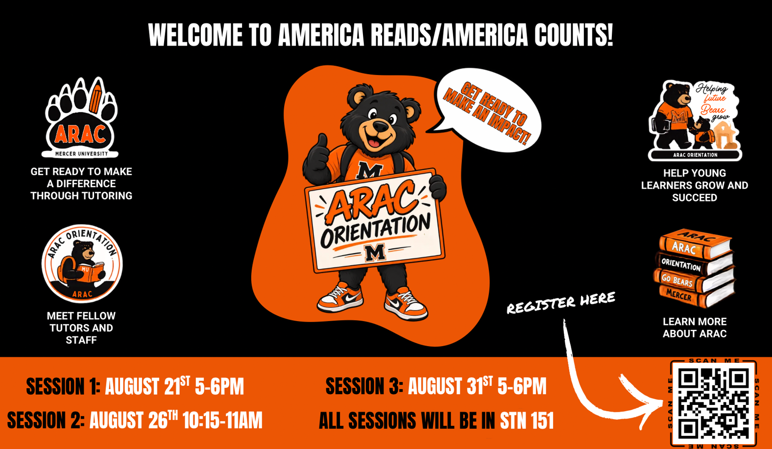 Promotional poster for America Reads/America Counts orientation.
