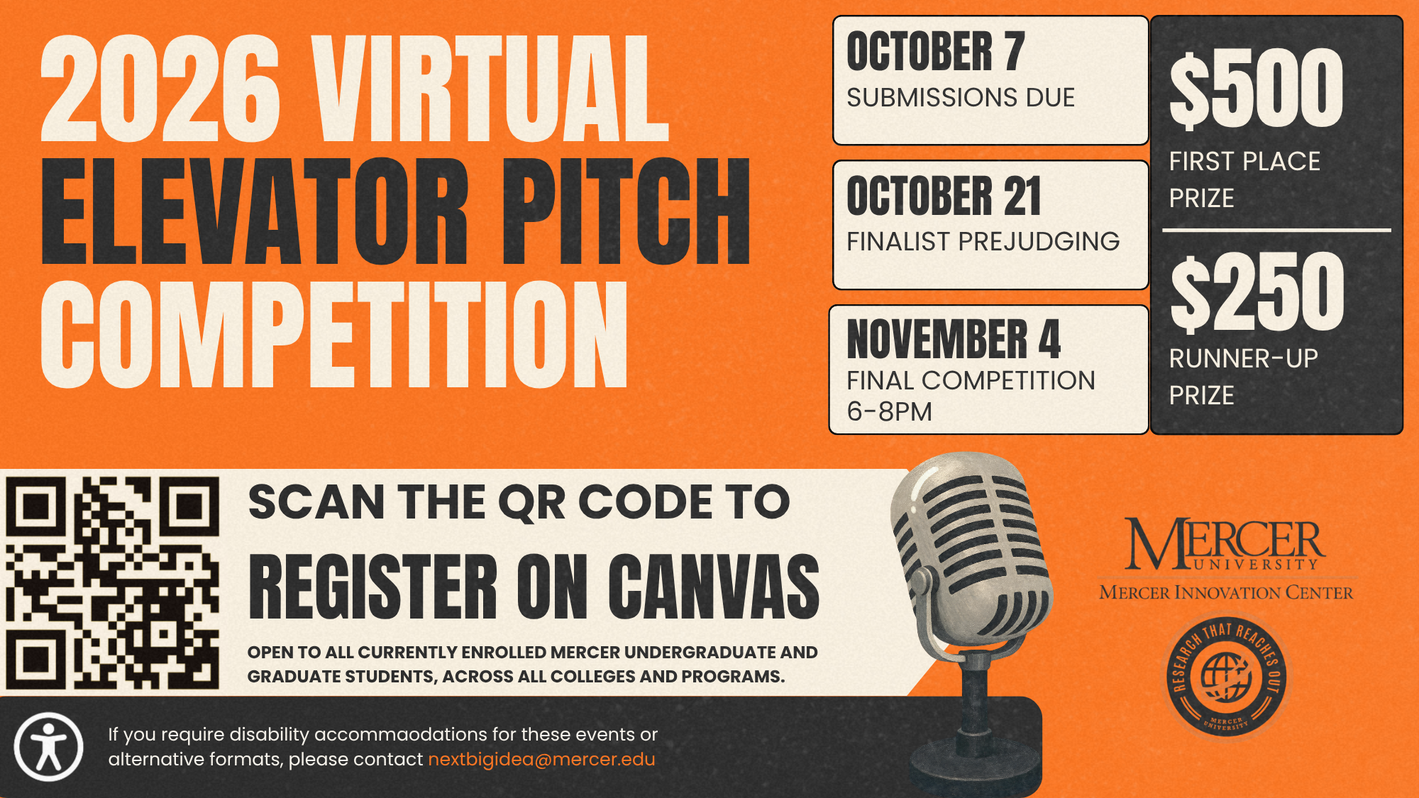 Flyer for the 2026 Virtual Elevator Pitch Competition.