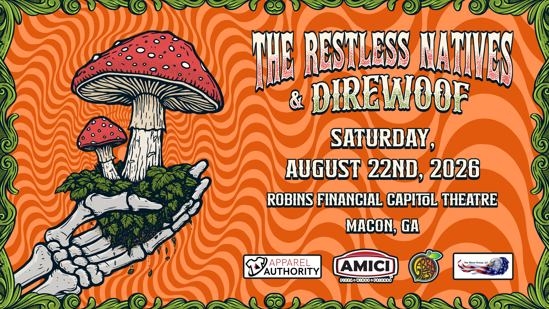 Concert poster for The Restless Natives and Direwoof at the Robins Financial Capitol Theatre on Aug. 22.
