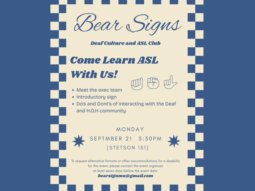 Promotional flyer for Bear Signs club meeting.
