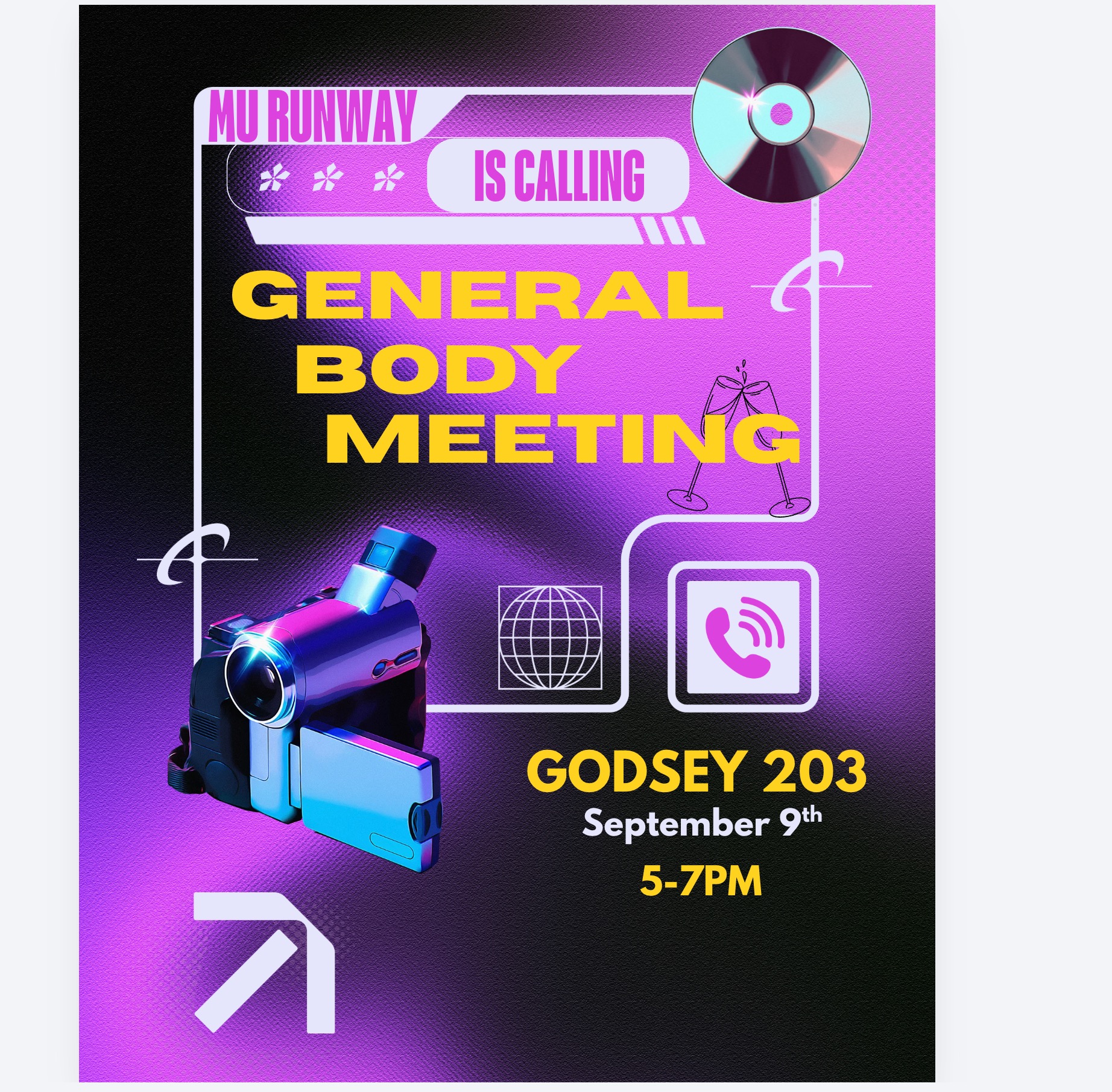 Promotional graphic for M.U. Runway General Body Meeting.