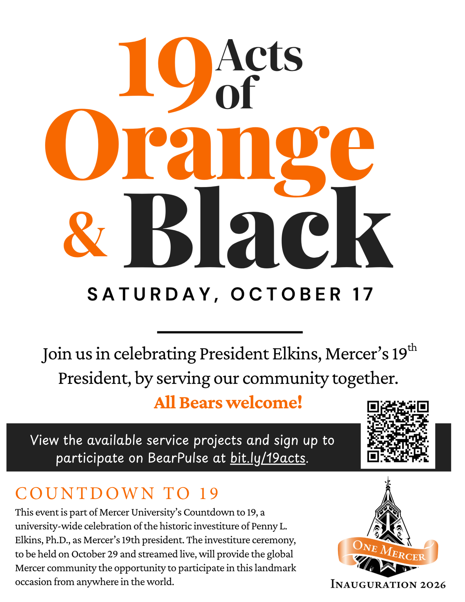 Promotional flyer for 19 Acts of Orange and Black.