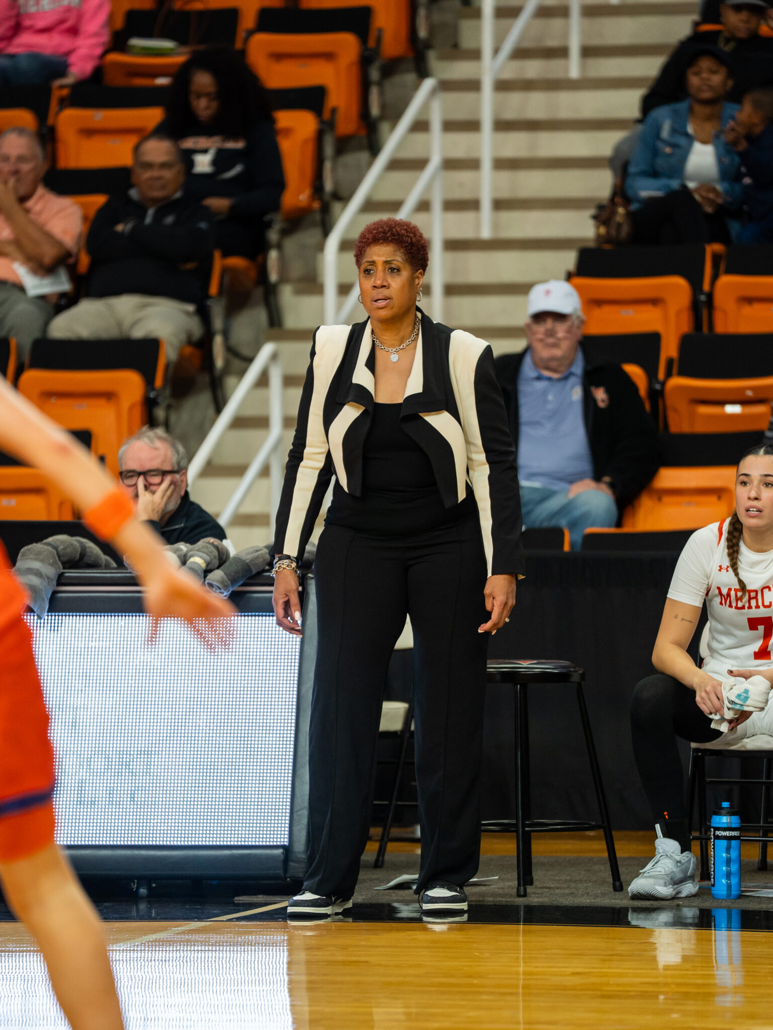 Mercer women's basketball coach Michelle Clark-Heard on the court during a game.