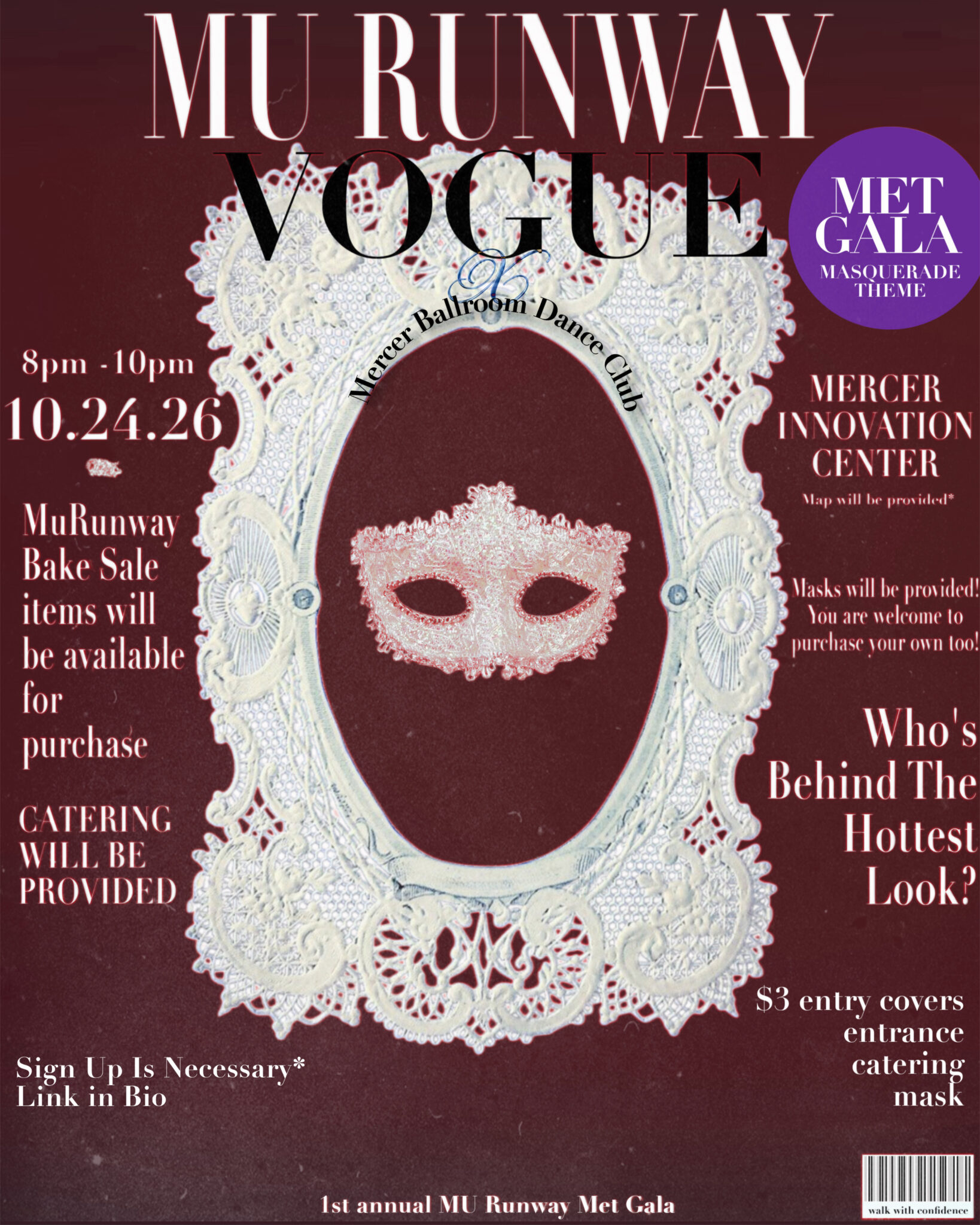 Promotional flyer for MU Runway Met Gala styled to look like a Vogue magazine cover.