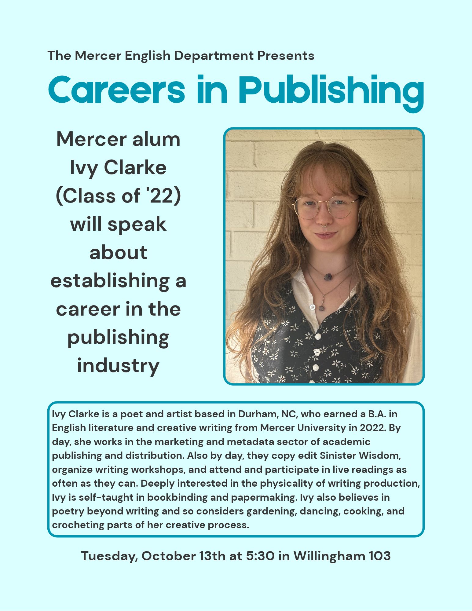 Promotional flyer for Careers in Publishing with Ivy Clarke.