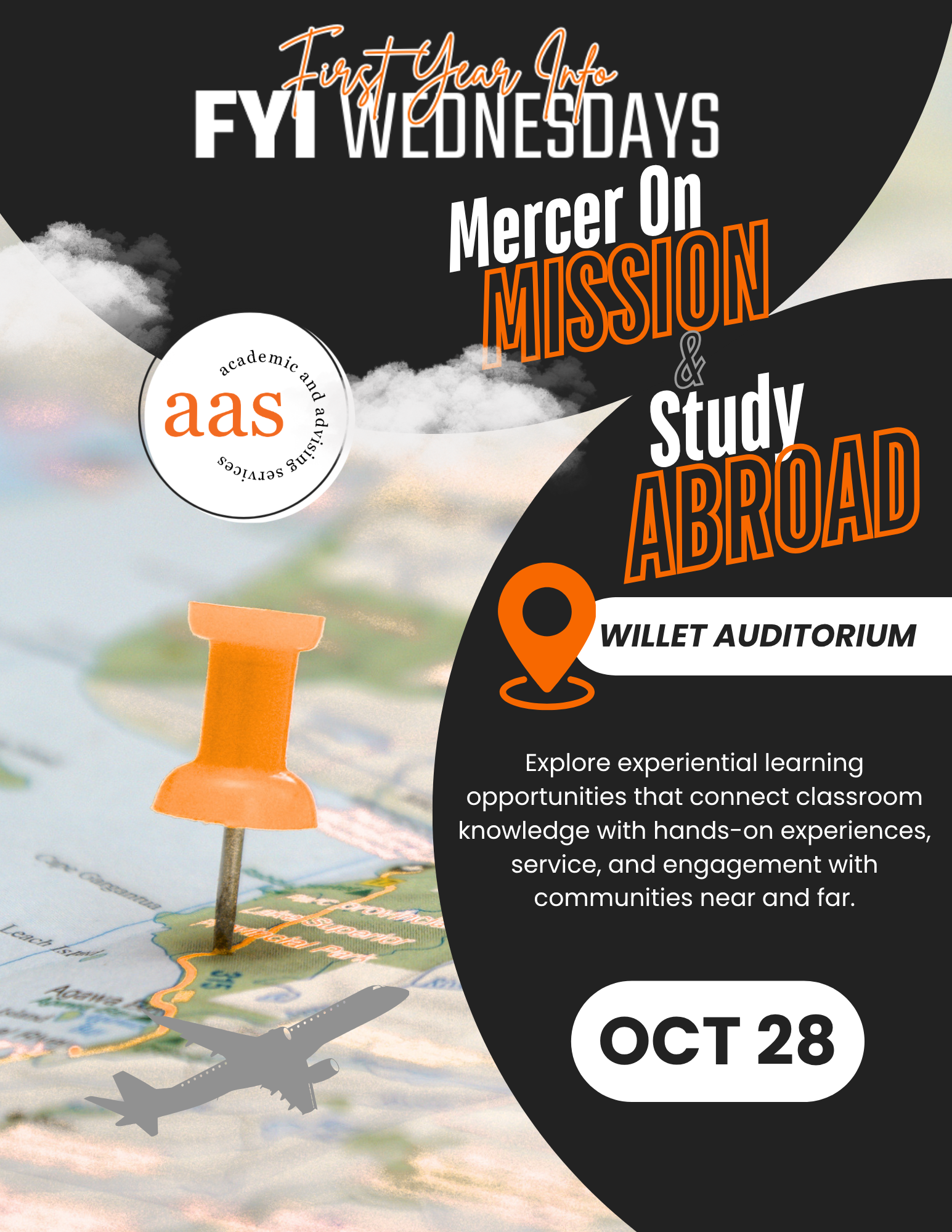 Promotional flyer for Mercer On Mission and study abroad information session.