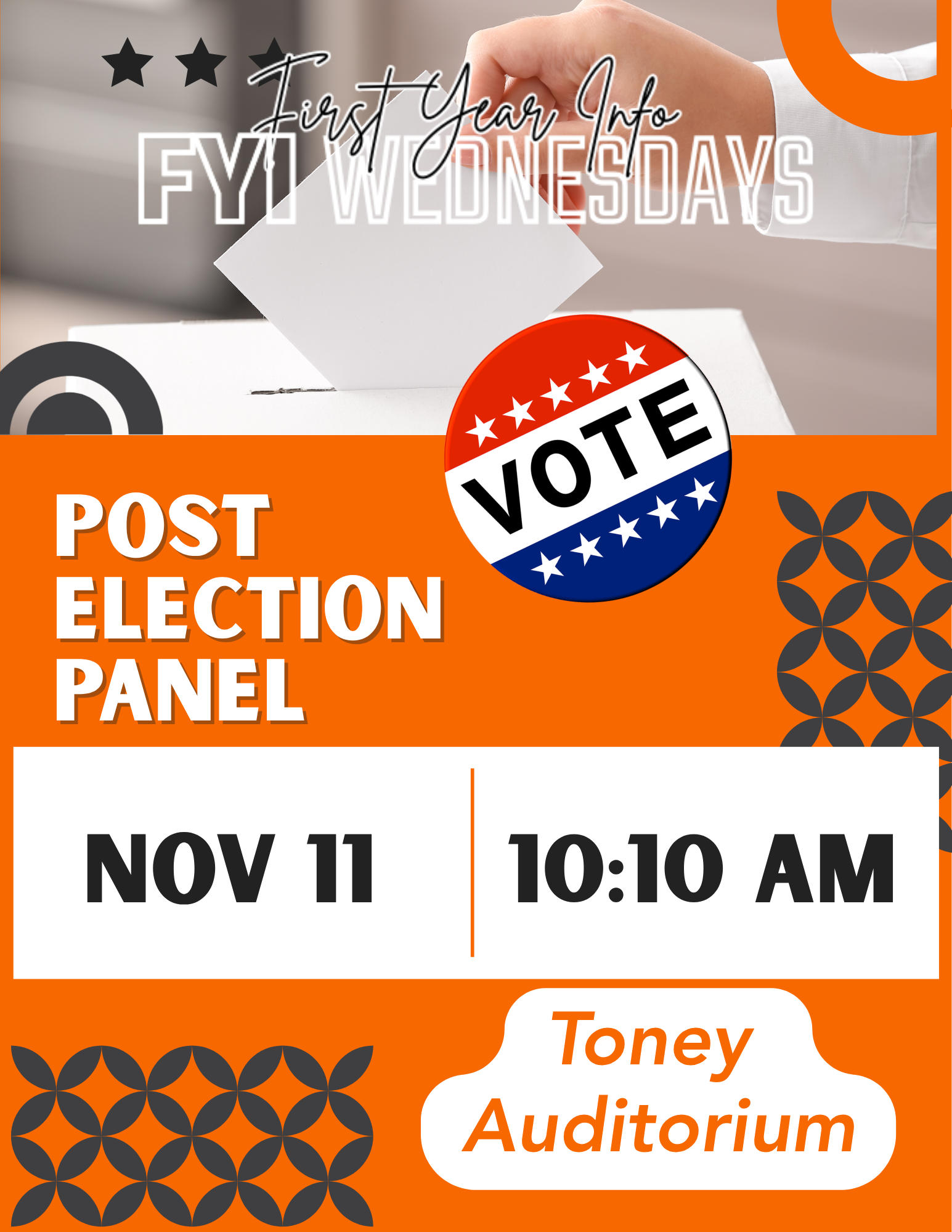 Promotional flyer for Post Election Panel on Nov. 11 at 10:10 a.m.