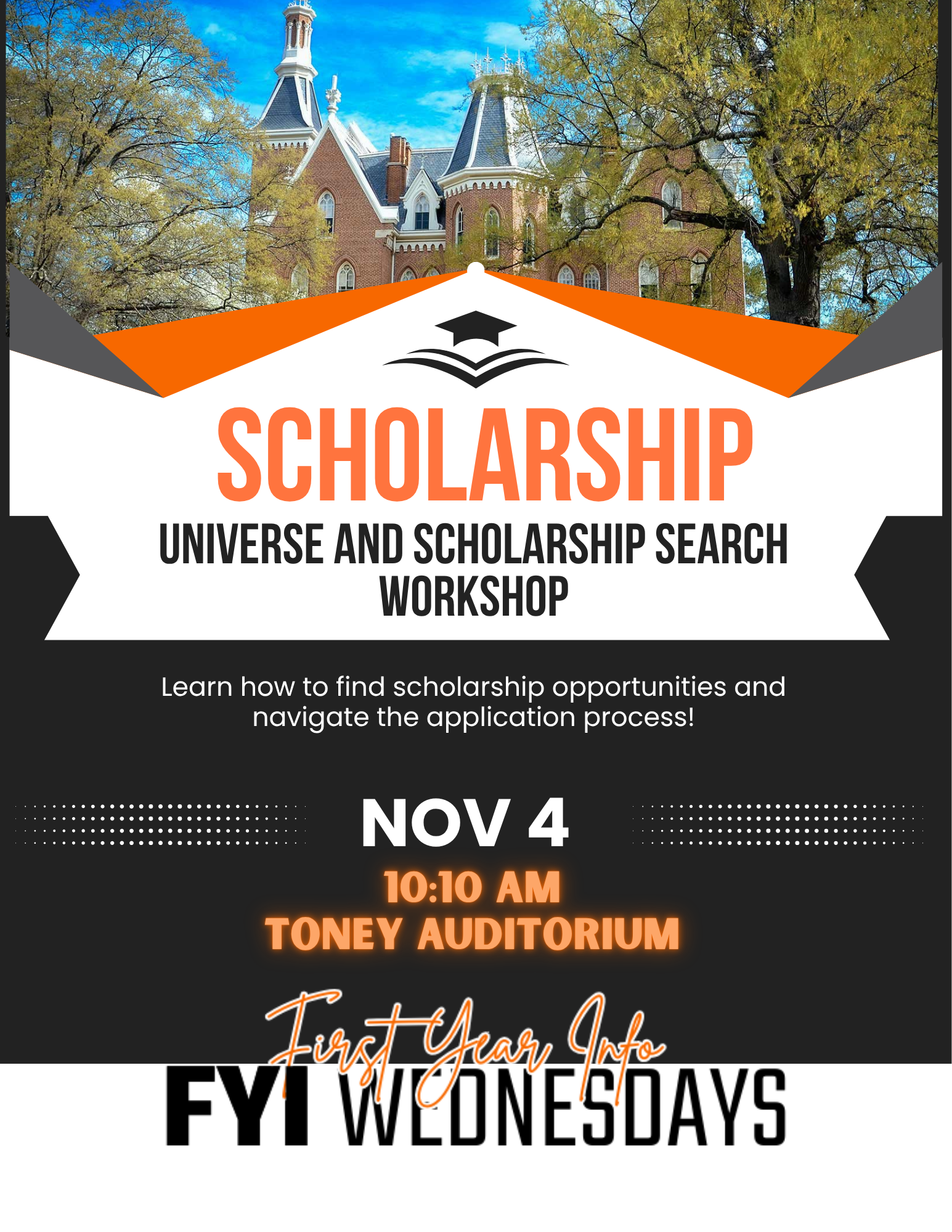 Promotional poster for Scholarship Universe and Scholarship Search Workshop.