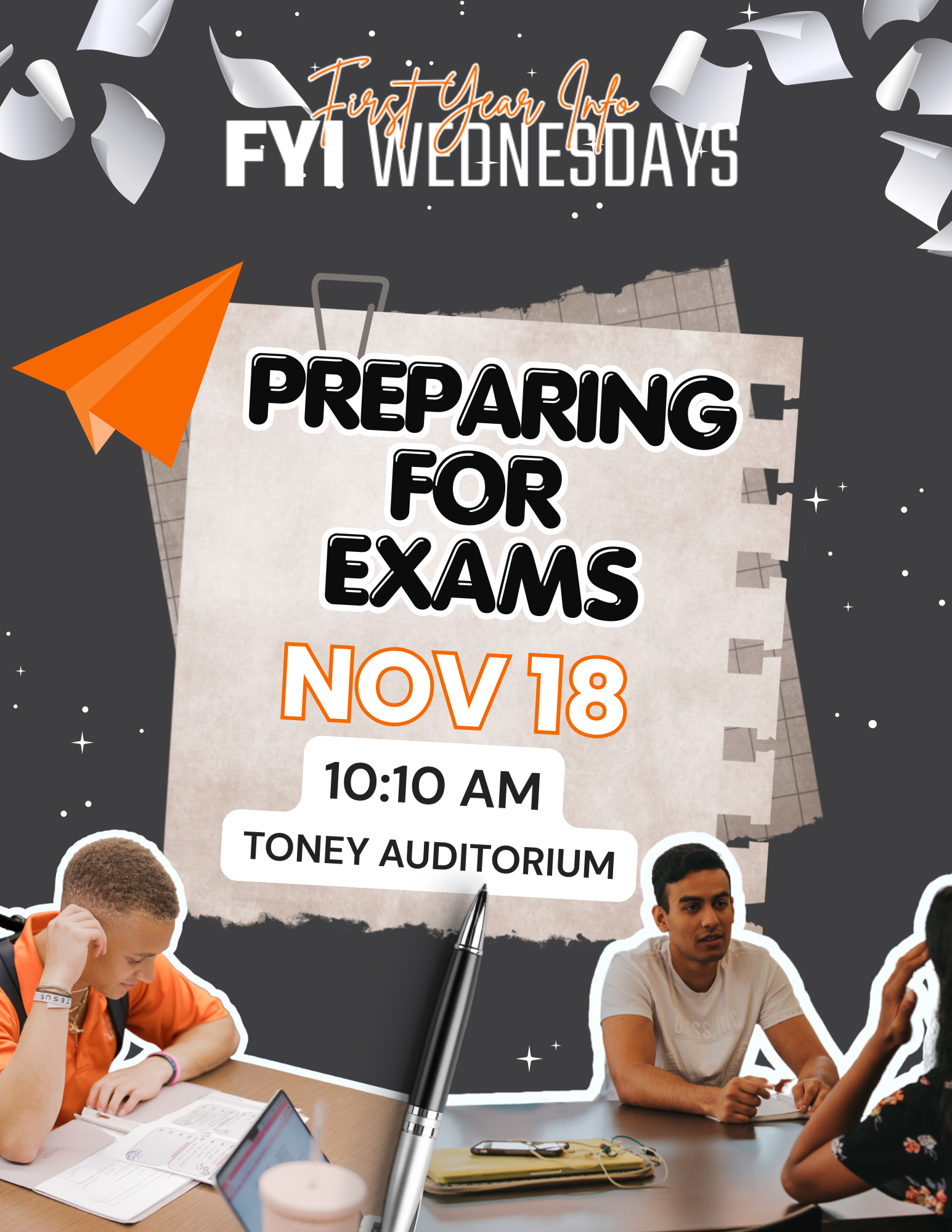 Promotional poster for session on preparing for exams on Nov. 18 at 10:10 a.m.
